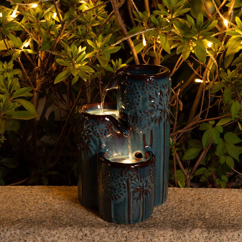 Glitzhome 10"H 3-Tier Turquoise Ceramic Tabletop Fountain with Pump and LED Light