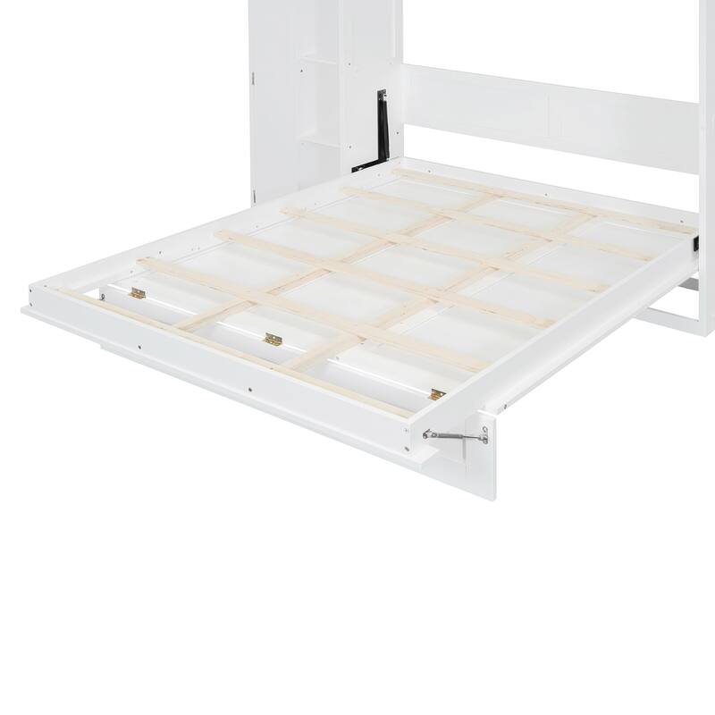 Full Size Murphy Bed with Shelves, Wardrobe, LED Lights, and Space-Saving Foldable Design for Guest Room or Studio
