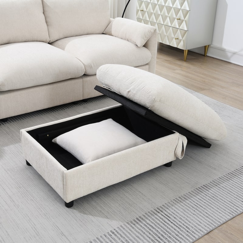 96.5" Chenille L-Shaped Sectional Sofa with Storage Ottoman, Adjustable Phone Holder, USB Charger and Armrest Storage Pockets