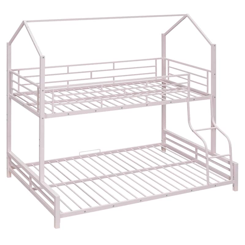 Pink Metal House Bunk Bed with Roof, Ladder, and Fence for Kids