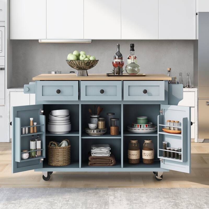 Kitchen Cart with Rubber wood Drop-Leaf Countertop - Blue