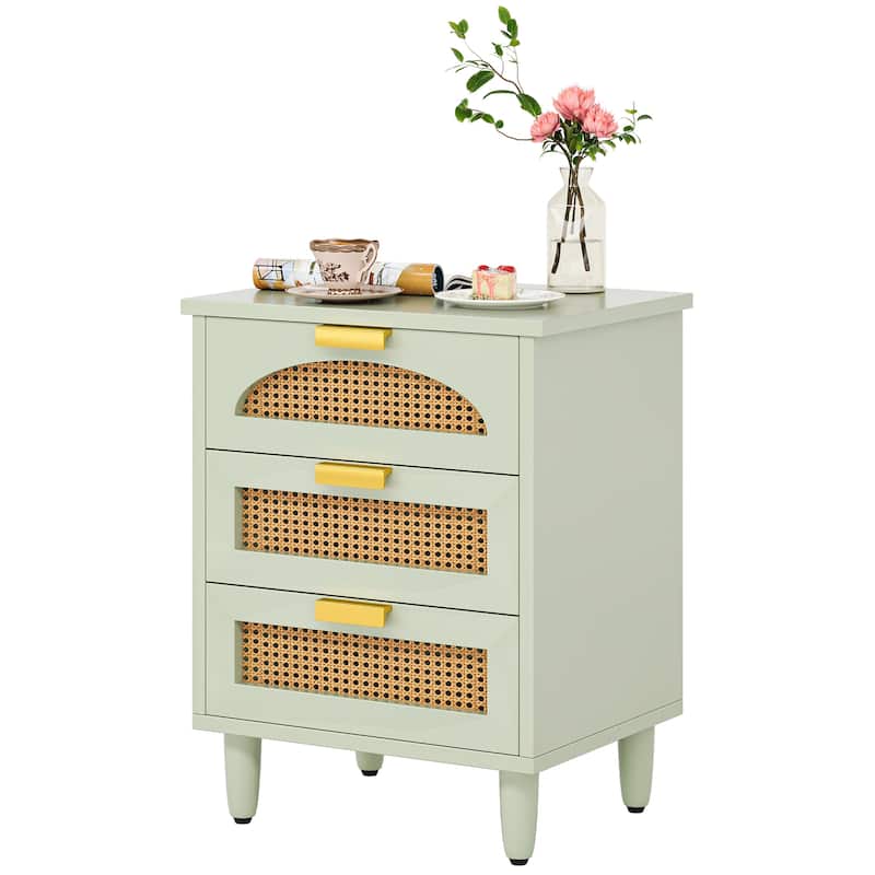 Wood and Rattan 3-drawer Nightstand Bedside Table (Set of 2）