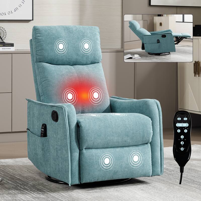 Heat Massage Manual Recliner Chair with Rocker and Swivel in Fabric for Living Room - Antique blue green