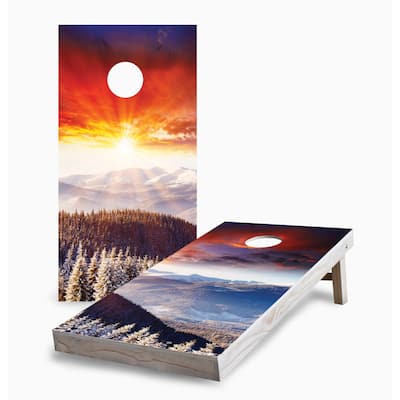 Sunset Winter Mountains Corn Hole Board Set w Case & Lights