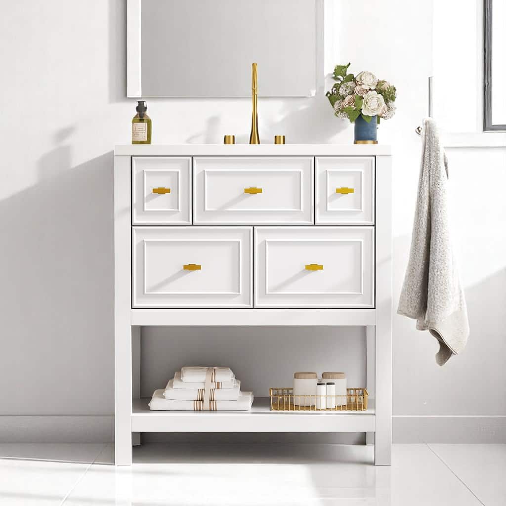 30 Inch Freestanding Bathroom Vanity with Ceramic Top, 5 Storage Drawers, MDF Cabinet and Gold Hardware