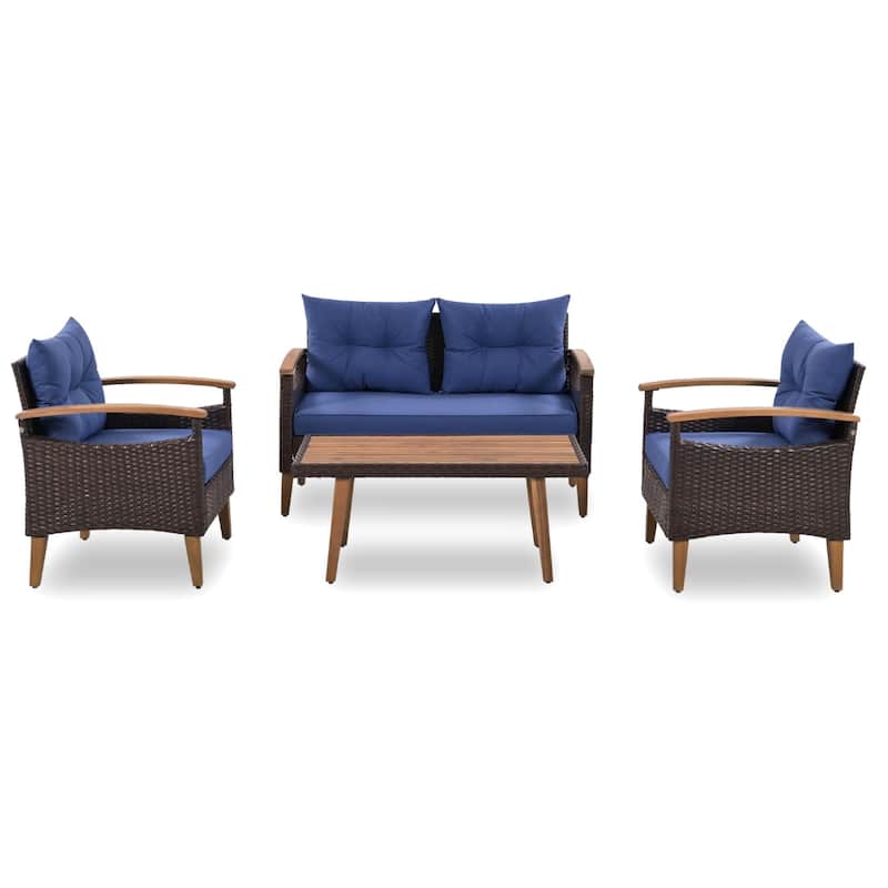 4-Piece Garden Furniture, Patio Seating Set, PE Rattan Outdoor Sofa Set, Wood Table and Legs, Brown and Blue