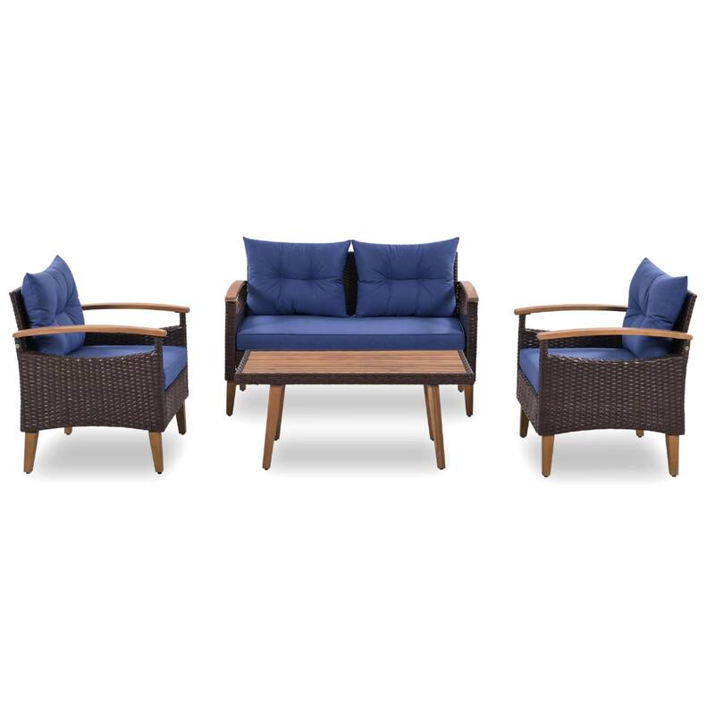 4-Piece Garden Furniture,Patio Seating Set,PE Rattan Outdoor Sofa Set,Wood Table and Legs