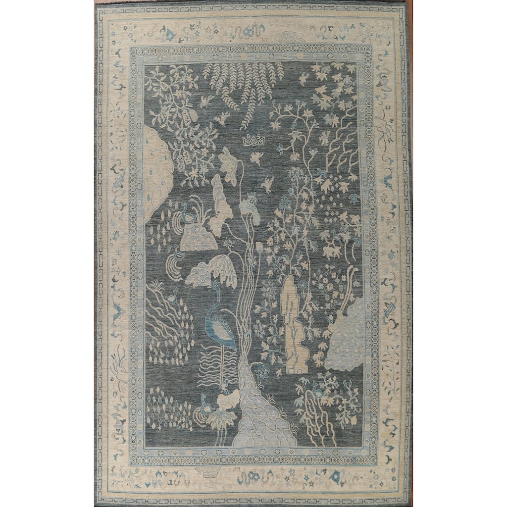 Hand Knotted Oriental 100% Wool Carpet Traditional Floral Greys & Charcoal Art Deco Area Rug - 14' 0'' X 9' 10''