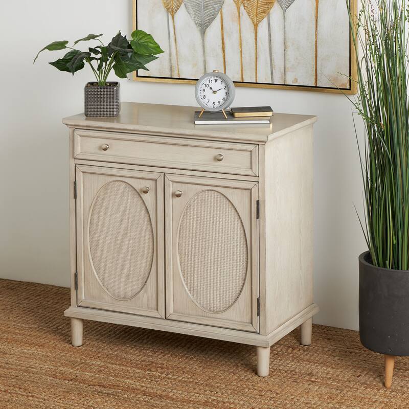 Wooden Geometric Oval Rattan Front 2 Door and 1 Drawer Cabinet - Light Gray - Roche River Decor - 18"W x 34"L x 35"H