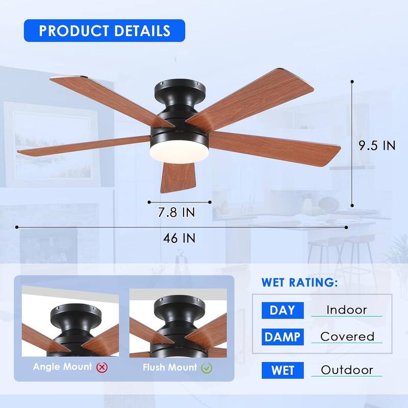 46 Inch Low Profile Ceiling Fan with 5 Blades,Remote and APP Control,for Bedroom,Living Room,Patio - 46 Inches