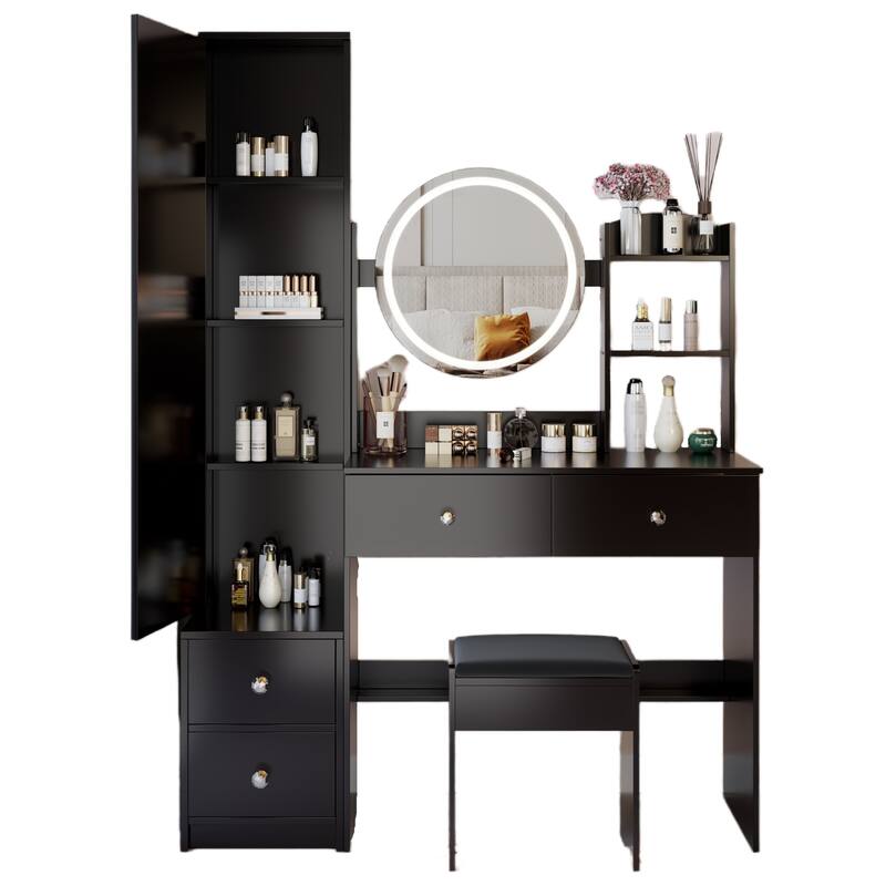 Vanity Set w/ 3-Color Light, Full Body Mirror Cabinet, Cushioned Stool