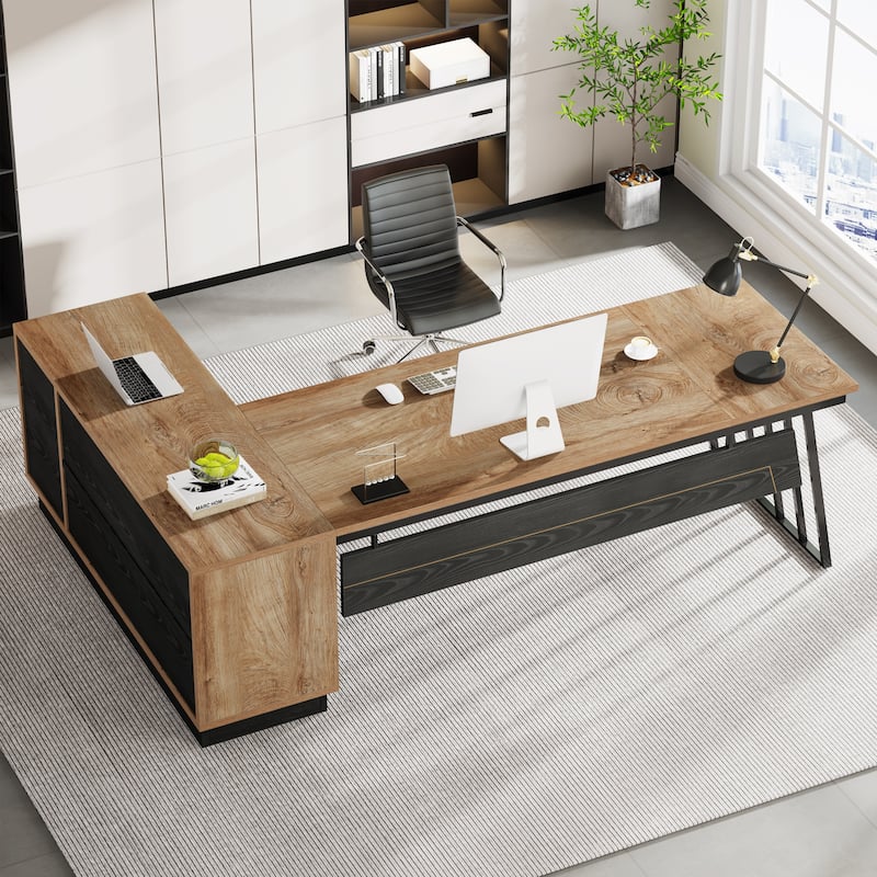 71-Inch Executive Desk, L-Shaped Desk with Cabinet