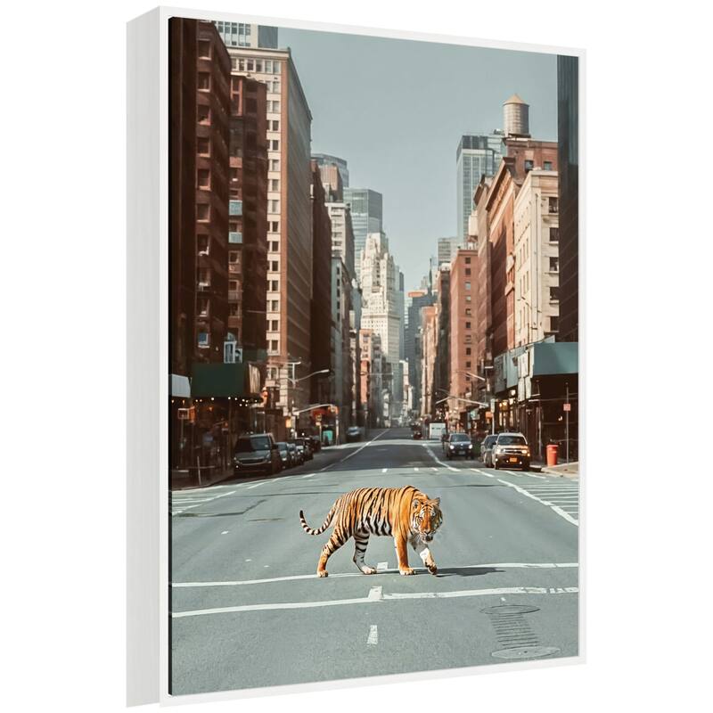 Kate and Laurel Sylvie Urban Tiger in the City Framed Canvas by Michael Schauer - 28x38 - White