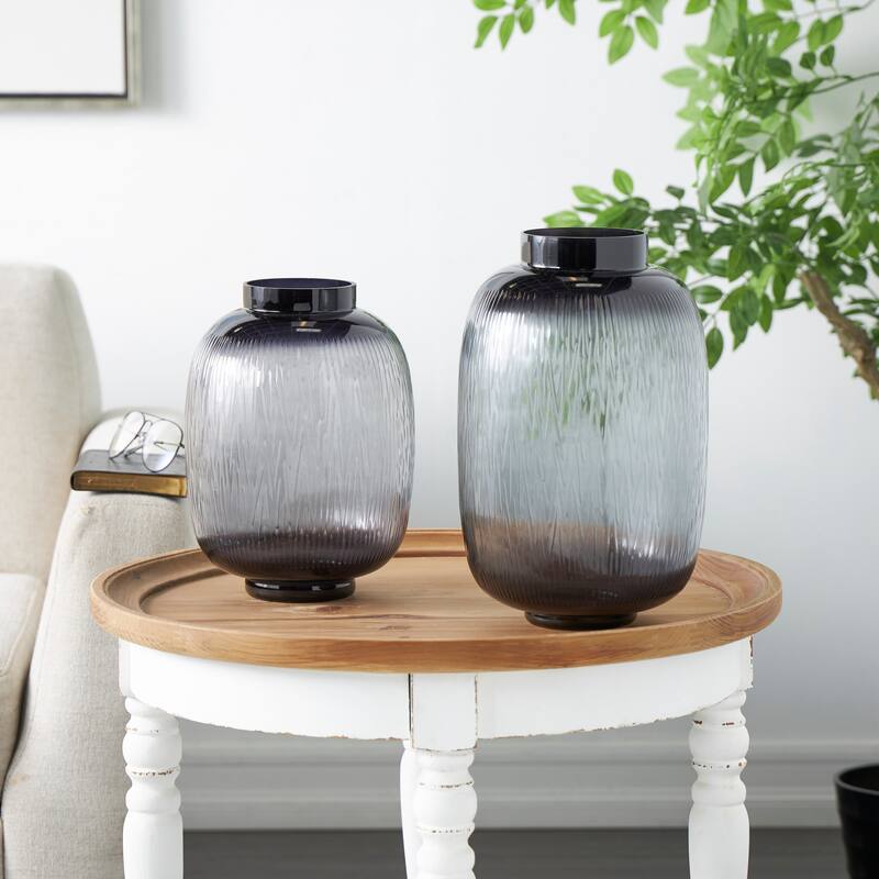 Black Glass Textured Ombre Decorative Vase (Set of 2) - Black