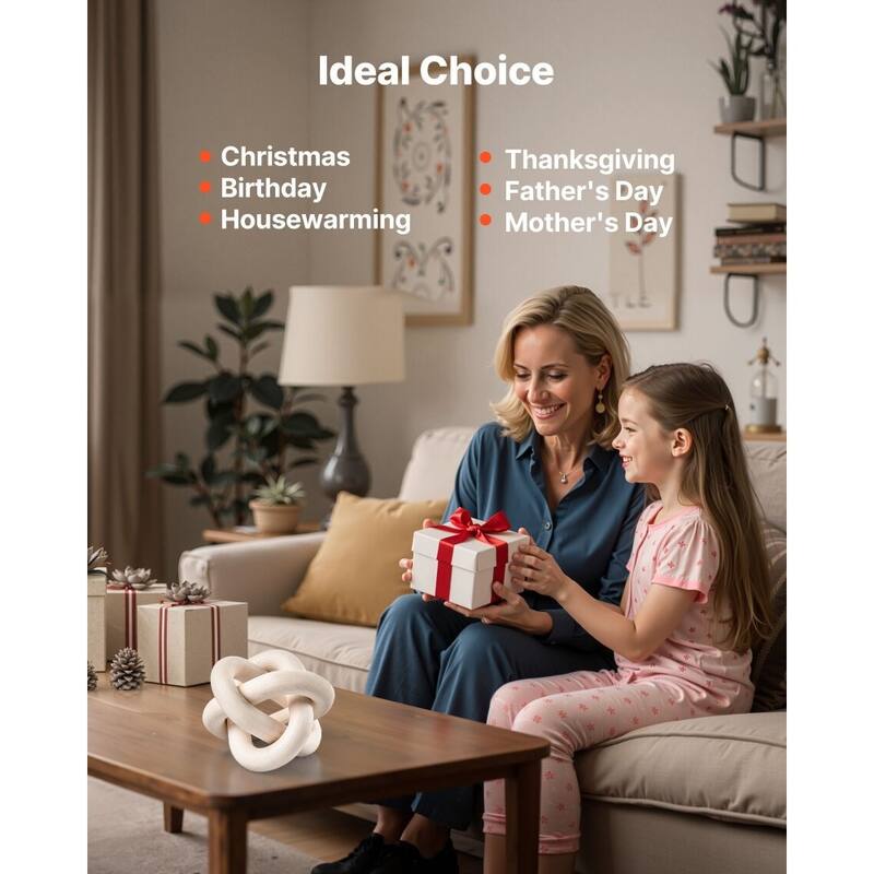 Pine Wood Chain Link Ornament Rustic Modern Home Decor Shelf Decoration White Handmade Knot Accent - 5.5 x 5.5 x 3.54 in