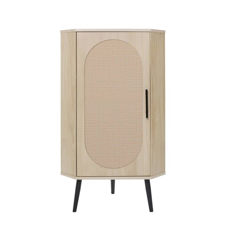 Anmytek Rattan Corner Cabinet with Adjustable Shelves and Black Metal Legs Natural Boho Storage