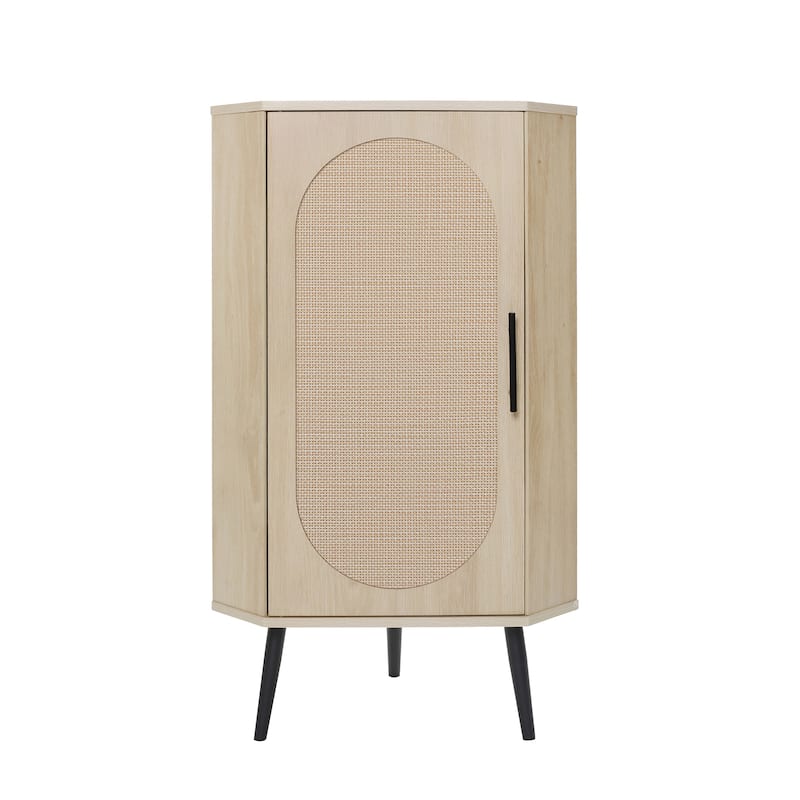 Roomfitters Corner Cabinet with Rattan Door, Freestanding Storage Shelf Stand for Small Spaces