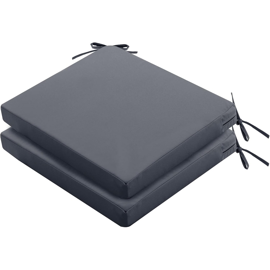 Set of 2 Waterproof Outdoor Chair Cushions with Ties and Hidden Zipper, 22 x 22 x 3 Inch, Dark Grey