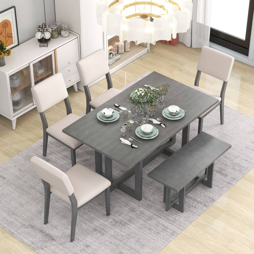 6 Piece Dining Table Set 6-Person Dining Table with 4 Upholstered Chairs & Wood Bench, Kitchen Dining Room Set for 6
