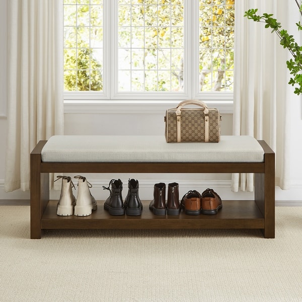 slide 2 of 15, 47" Accent Bench with Lower Shelf Shoe Rack, Padded Seating Bench, Bed End Bench with Storage, Removable Cushion Beige