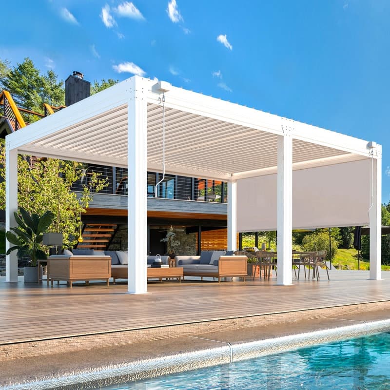 Erommy Outdoor Louvered Pergola Gazebo with Adjustable Aluminum Rainproof Roof and Pull-Down Screen - 12'x16' Pull down - White