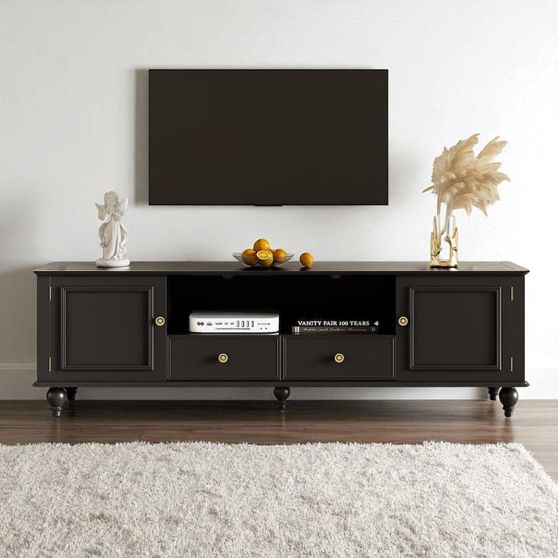 70.9" Modern TV Stand for TVs up to 80", Entertainment Center with 2 Cabinets, 2 Drawers, Open Shelf, Solid Wood Legs - Black