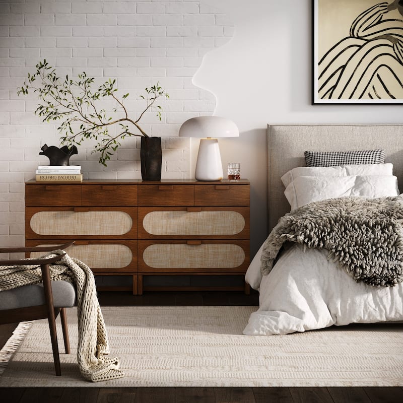 Paxton Mid-Century Modern 3-Drawer Dresser with Solid Wood Frame and Rattan Accent