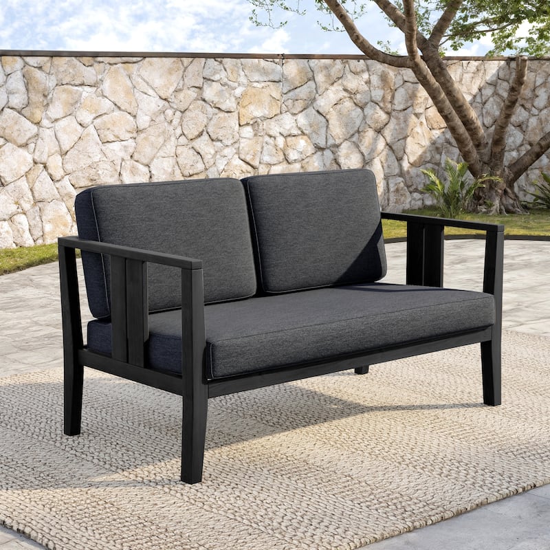 Outdoor Patio Wood Loveseat with Cushion - Black