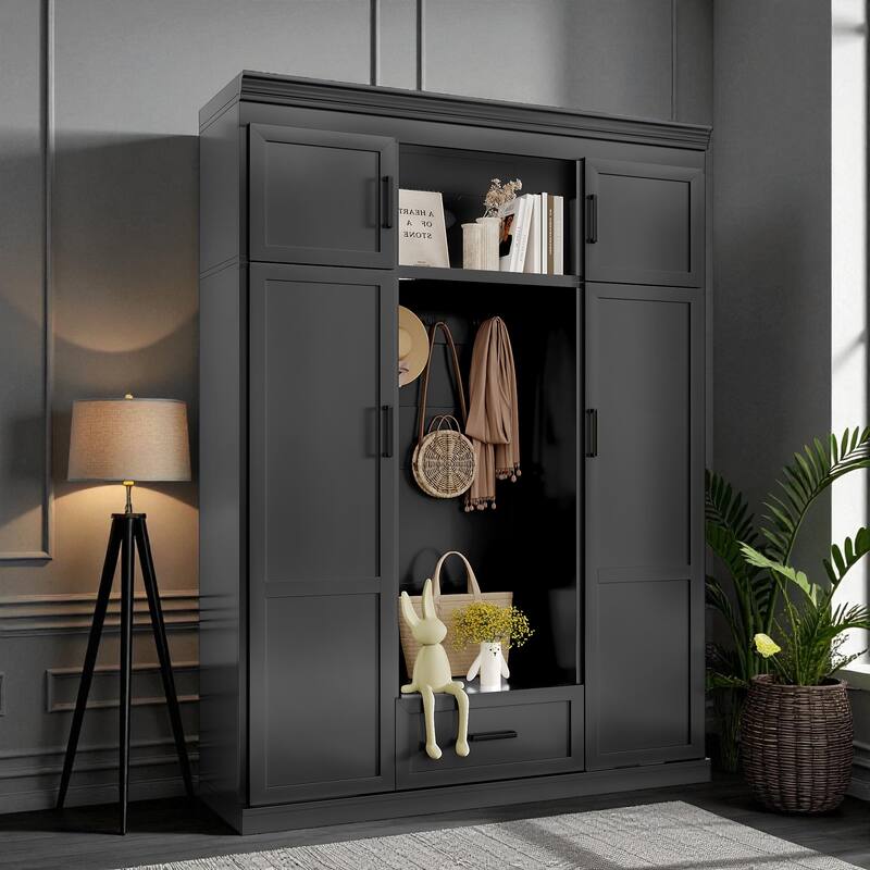 85.2'' H Modern Hall Tree with Bench, 4 Doors, 3 Hooks & Drawer, Entryway Storage Cabinet with Adjustable Shelves