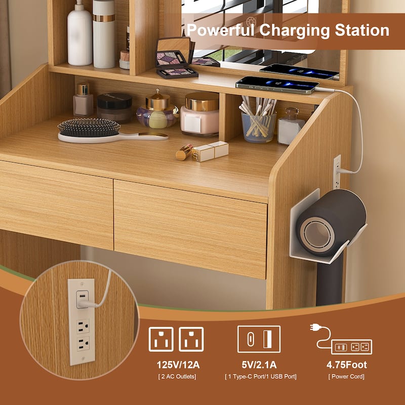 Compact Vanity Table with LED Mirror, Charging Station, Hairdryer Holder, Storage Drawers & Stool for Small Bedrooms