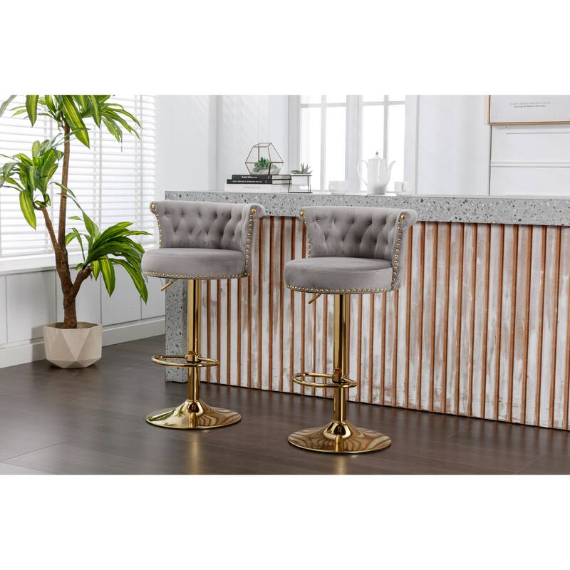 Velvet Adjustable Swivel Barstool w/ Footrest, Dining Bar Chairs, Set of 2
