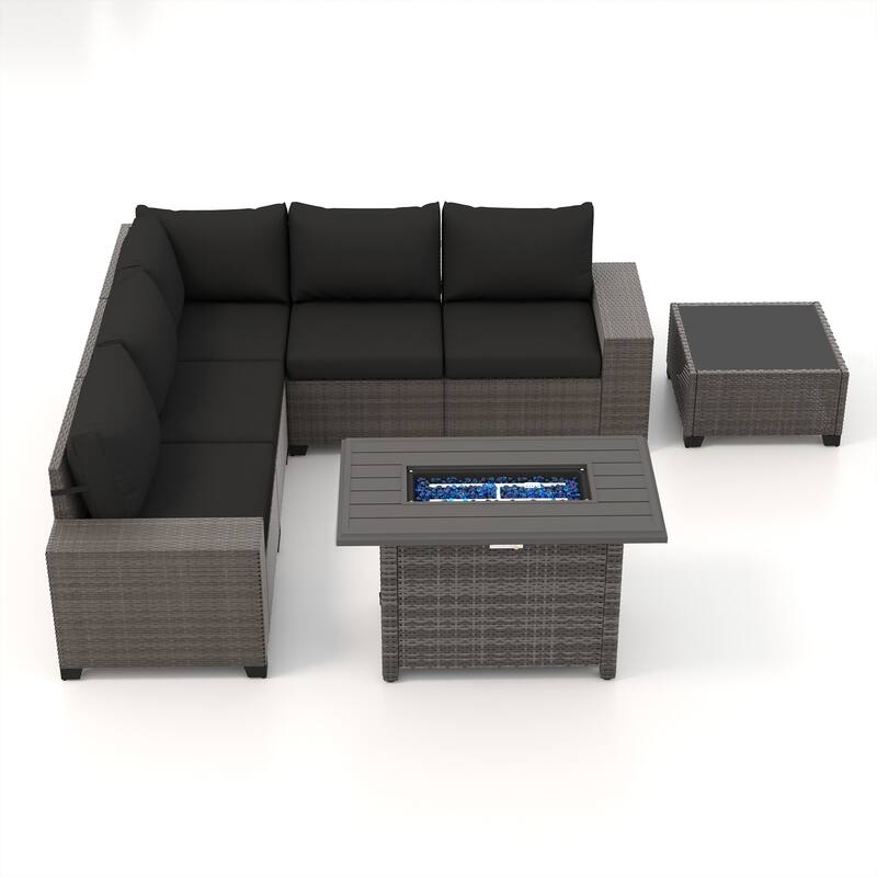 7-Piece 5 Person Patio Free Combination Wicker Conversation Set With Waterproof Cushions and Firepit Table