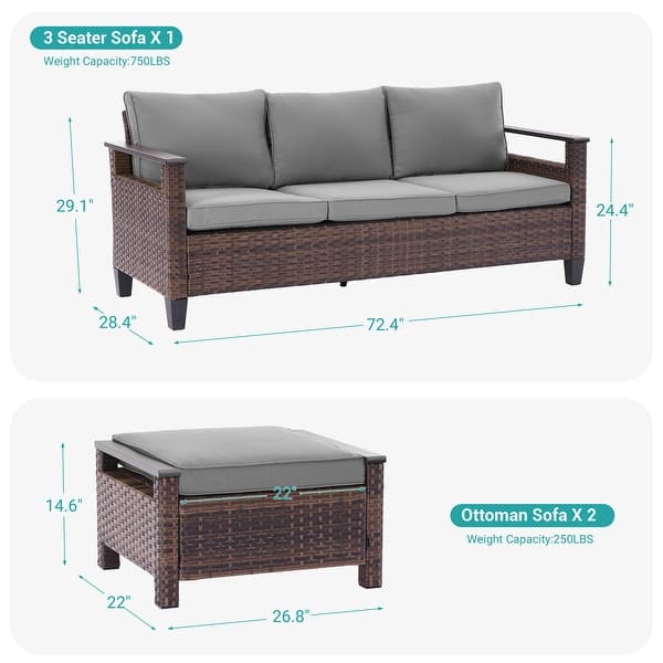 dimension image slide 1 of 4, Bonosuki 3 Pieces Patio Sofa with Ottomans, All-Weather PE Rattan Wicker Sofa Small Patio Conversation Couch with Cushion, Brown
