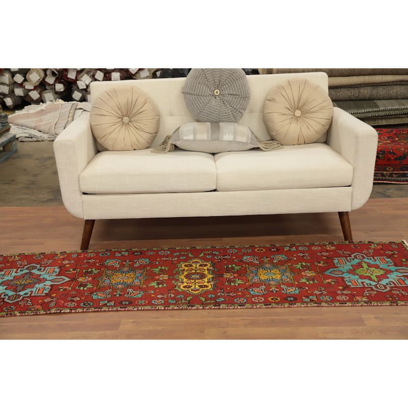 Hand Knotted Oriental 100% Wool Carpet Traditional Geometric Oranges & Rust Heriz Runner Rug - 7' 3'' X 2' 2''