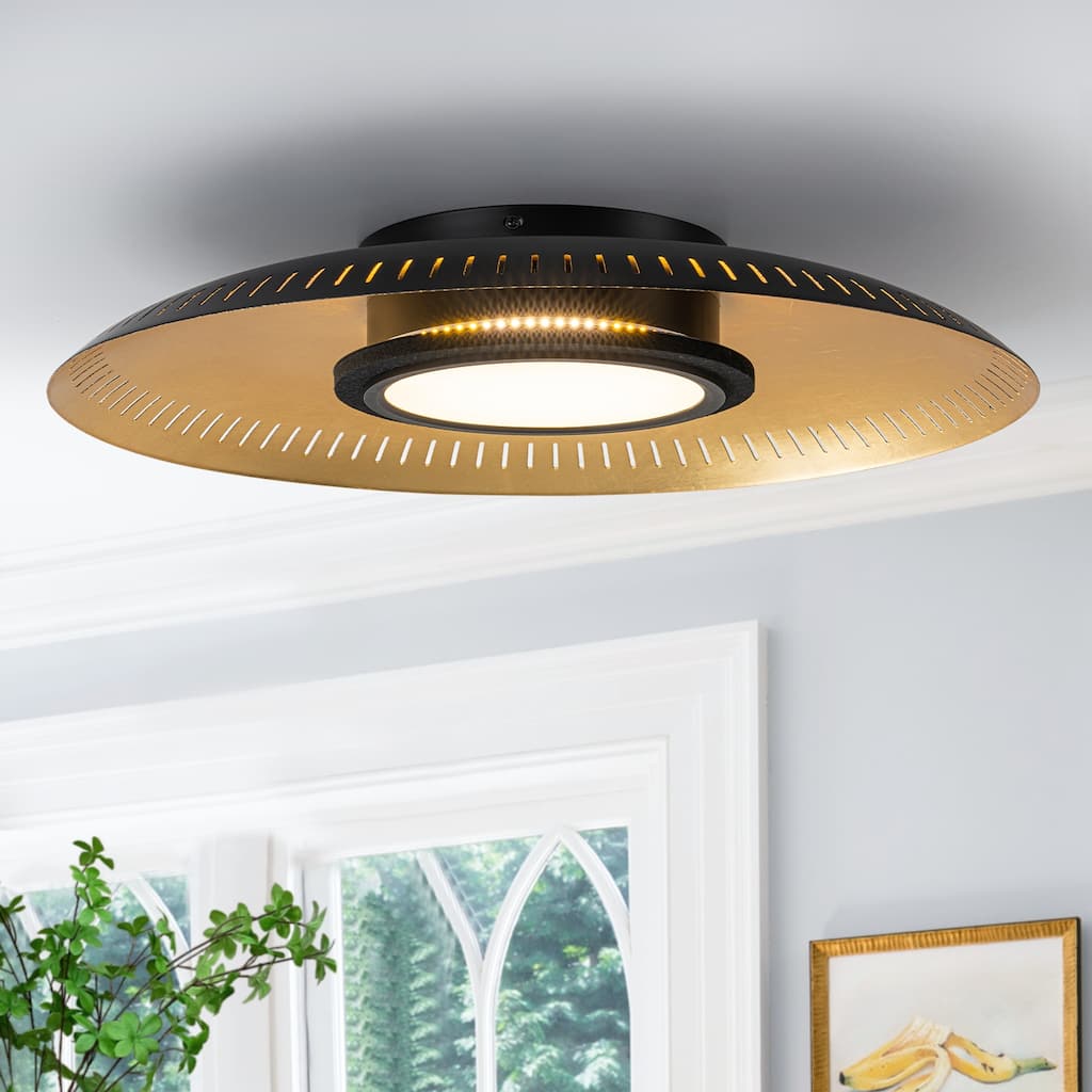Black Iron LED Flush Mount Ceiling Light with Gold Foil Interior - Dia.22.83-in