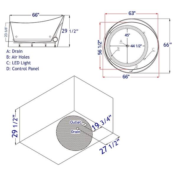 EAGO AM2130 66inch Round Freestanding Acrylic Air Bubble Bathtub