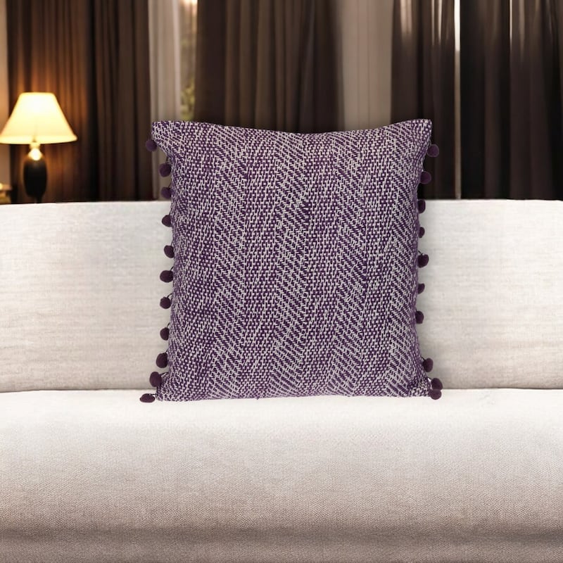 HomeRoots 18" Purple and White Weave Cotton Throw Pillow With Pom Poms - Accent - Polyester