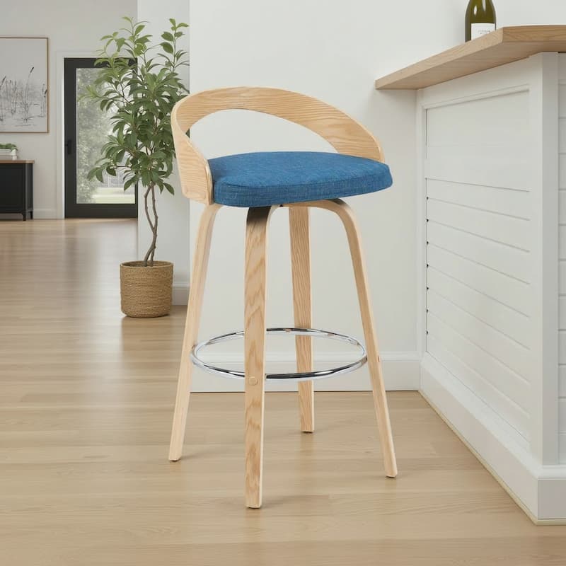 Carson Carrington Solavagen Mid-Century Modern Swivel Counter or Bar Stool - Blue & Oak - Bar Height