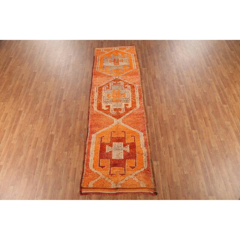 Orange Tribal Oushak Oriental Vintage Runner Rug Handmade Wool Carpet - 3'2"x 10'3"