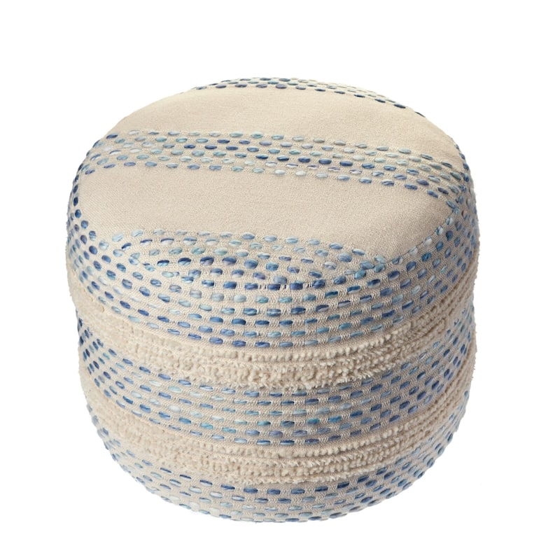 18" Blue and Cream Tufted Pin Dot Round Pouf Ottoman