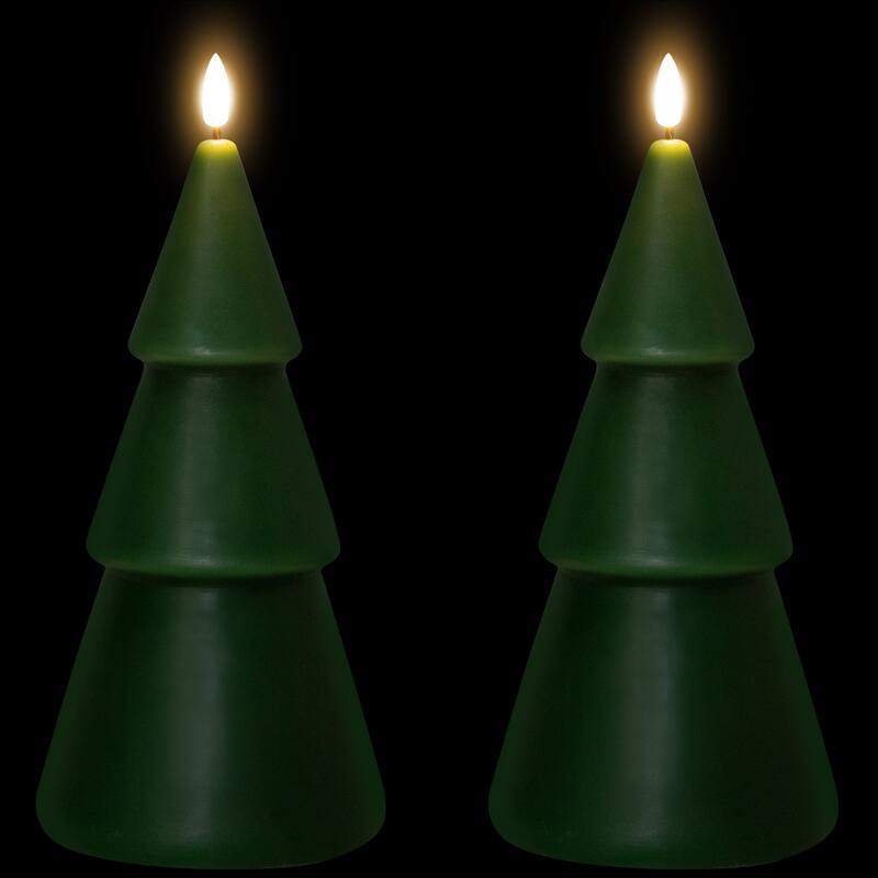 Flameless LED Flickering Christmas Tree Wax Candles - 10.5" - Green - Set of 2