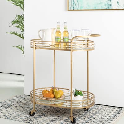Glitzhome Metallic Gold 2-Tier Serving Bar Cart with Mirrored Glass