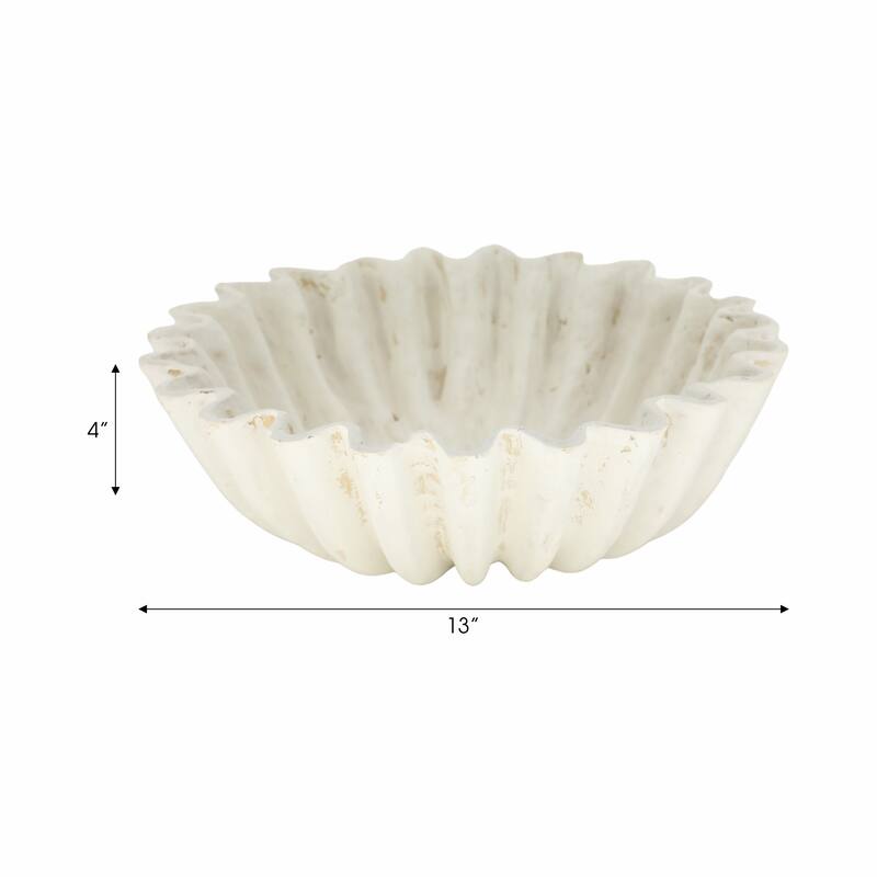 Modern Glam Fluted Pottery Decorative Bowl - 13" Ivory & Tan