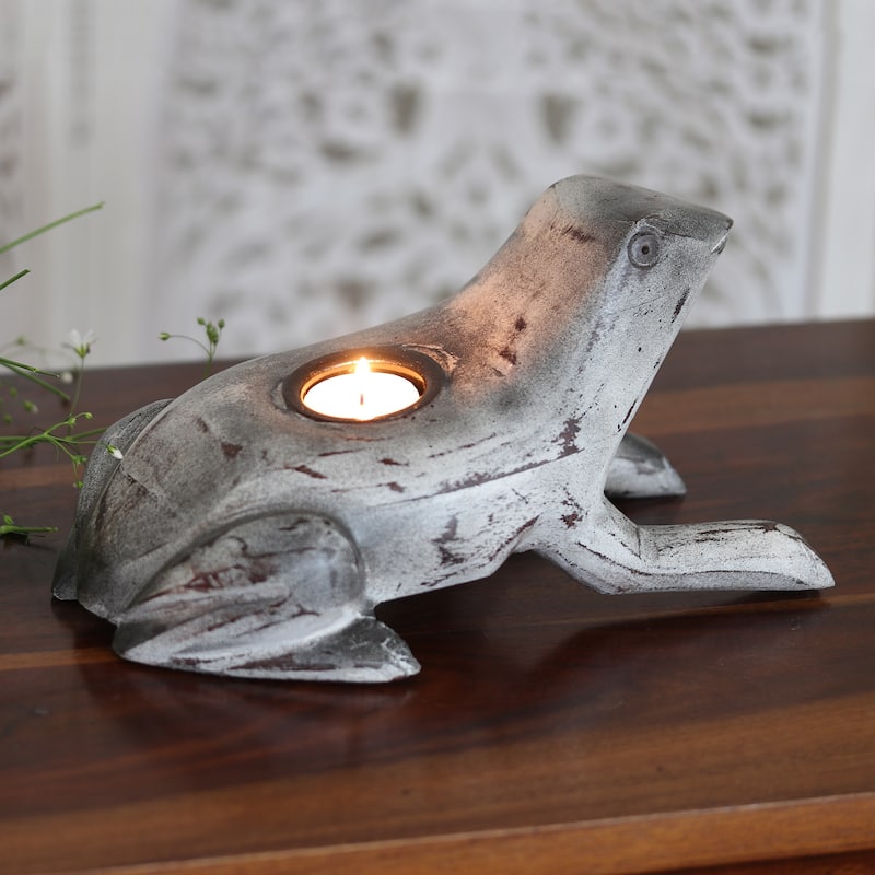 Novica Handmade 'Croaks Of Light' Wood Tealight Candleholder