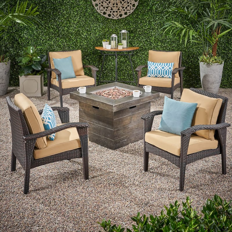 Keana Outdoor Wicker 5-piece Fire Table Chat Set by Christopher Knight Home - Brown+Tan+Brown