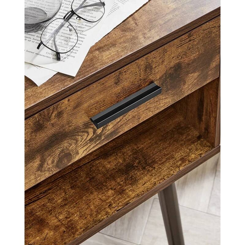 Mid Century Modern Farmhouse Nightstand with 1 Drawer Open Shelf Rustic Brown and Black Legs
