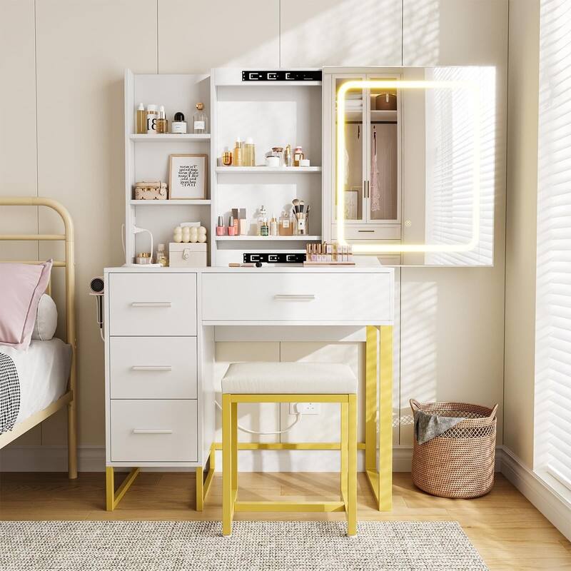 Makeup Vanity with Sliding LED Mirror, Charging Station, Drawers, Shelves & Stool