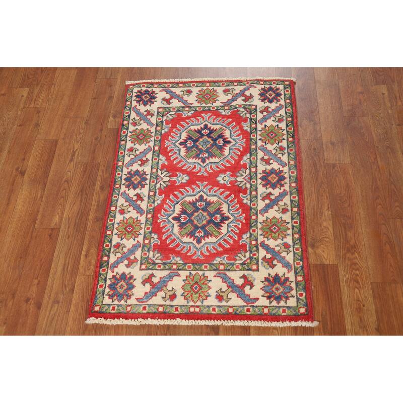Red Geometric Kazak Oriental Accent Foyer Rug Hand-Knotted Wool Carpet - 2'0"x 3'0"