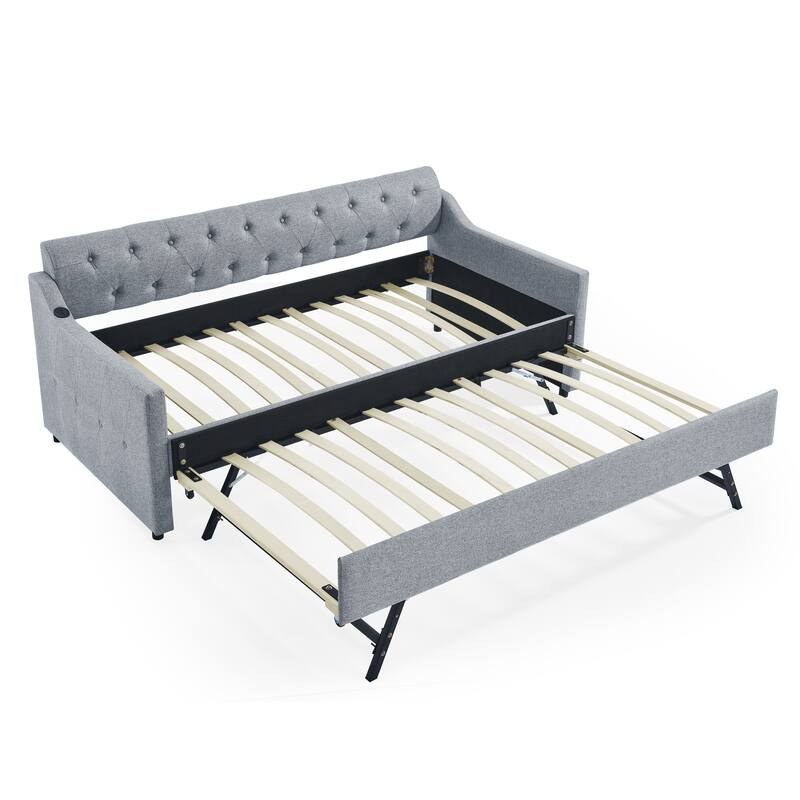 Upholstery DayBed with Twin Size Erectable Trundle and USB Charging Design