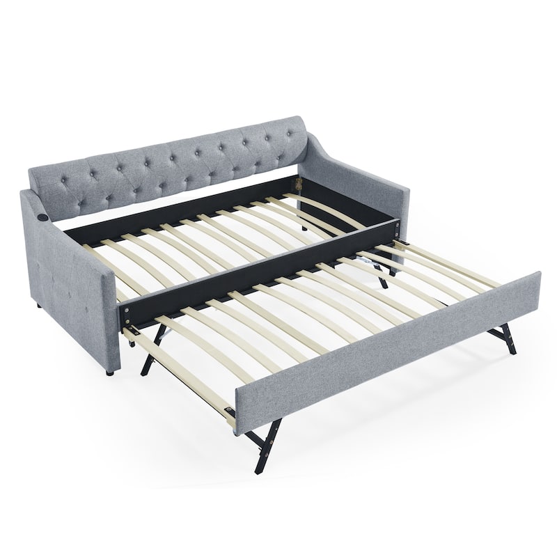 Upholstery Daybed with Twin Size Erectable Trundle and USB Charging Design